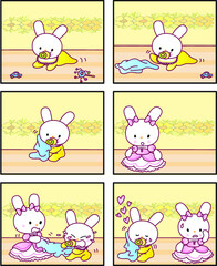 vector cartoon rabbit Fairy tale castle princess prince six-frame comics