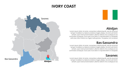 Ivory Coast vector map infographic template divided by states, regions or provinces. Slide presentation.