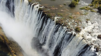 The Victoria Falls at the Border of Zimbabwe and Zambia in Africa. The Great Victoria Falls One of the Most Beautiful Wonders of the World.unesco World Heritage. Aerial Shot From Above.