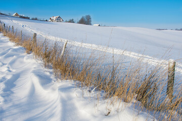 Snow on the meadow, beautiful winter landscape, Masuria in Poland