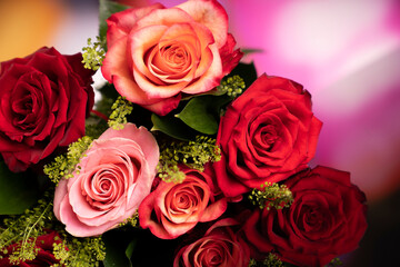Bunch of roses on the bokeh background. Valentines gift. 