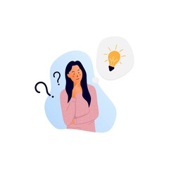 Problem solving concept, woman thinking vector, with question mark and light bulb icons. Hand drawn style vector design illustrations