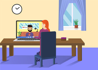 Online date Valentine s Day in new reality quarantine. Heart sign with women hands. Boyfriend in monitor screen. Woman is watching video with romantic man remotely at home. Vector flat illustration