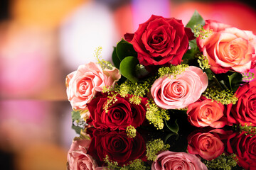 Bunch of roses on the bokeh background. Valentines gift. 