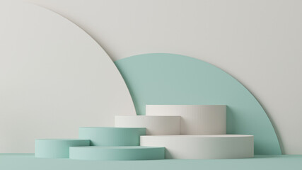 Minimal scene with podium and abstract background. Pastel blue and white colors scene. Trendy 3d render for social media banners, promotion, cosmetic product show. Geometric shapes interior.	