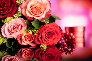 Bunch of roses on the bokeh background. Valentines gift. 