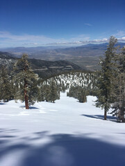 Views of Carson Valley and tracks on the fresh snow on a mountain slope on a sunny winter day
