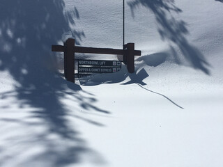 Signs at a ski resort buried under deep snow, with shadows from trees on the untouched snow