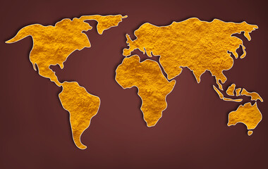 World map made of turmeric on color background