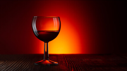 A glass of red wine stands on a wooden table against a dark illuminated background
