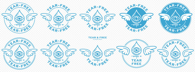 Conceptual marks for product packaging. Marking - no tears. The brand with wings is a symbol of the not containing, free. Teardrop icon with eye and flowing line. Vector