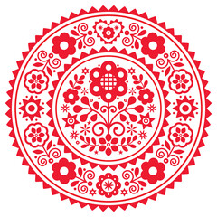 Folk art vector mandala design with flowers with frame inspired by old traditional Polish embroidery Lachy Sadeckie - bohemian pattern