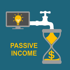 Money  in hourglass flowing from tap connected with computer in flat design. Passive income concept vector illustration. Business investment income.