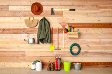 Different gardening supplies in barn