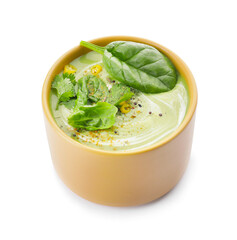 Bowl with tasty spinach soup on white background