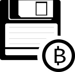 Illustration of an isolated floppy disk with a bitcoin icon.