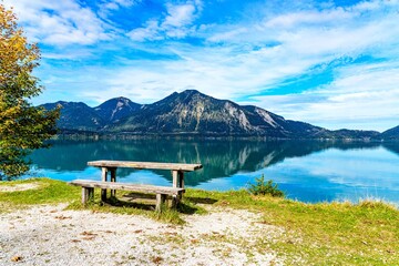 Walchensee. with alps mountains. Bavaria, Germany