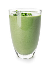 Glass of healthy spinach smoothie on white background
