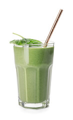 Glass of healthy spinach smoothie on white background
