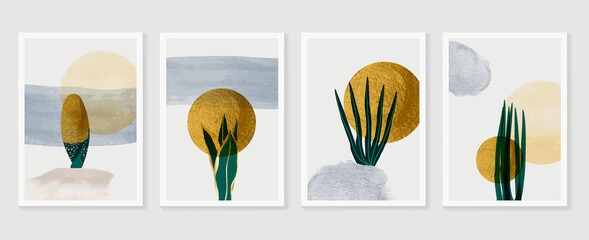 Gold tropischer Wandkunstvektor. Botanische Strichzeichnung mit Aquarellpinsel. Plant Art Design für gerahmte Wanddrucke, Leinwanddrucke, Poster, Wohnkultur, Cover, Tapeten. © TWINS DESIGN STUDIO
