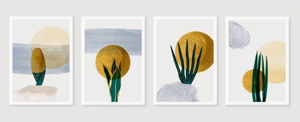 Gold tropischer Wandkunstvektor. Botanische Strichzeichnung mit Aquarellpinsel. Plant Art Design für gerahmte Wanddrucke, Leinwanddrucke, Poster, Wohnkultur, Cover, Tapeten. © TWINS DESIGN STUDIO