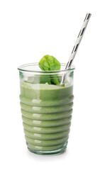 Glass of healthy spinach smoothie on white background
