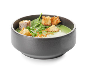 Bowl with tasty spinach soup on white background