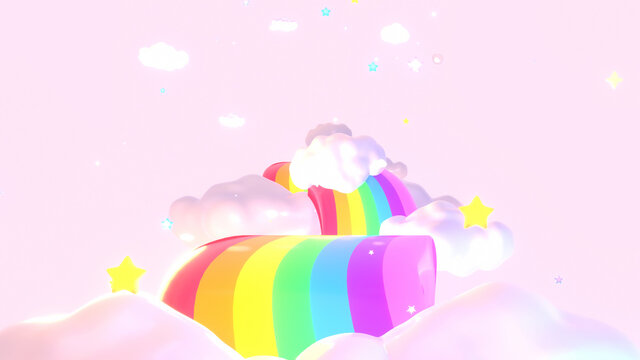 Cartoon magic rainbow road in the pink sky with stars and fluffy white clouds. 3d rendering picture.