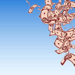 Russian ruble notes falling. Messy RUB bills on bl