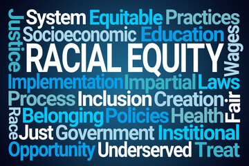 Racial Equity Word Cloud on Blue Background