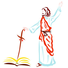 Lord jesus with a cross-shaped staff and an open book
