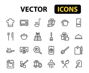 Fototapeta premium Set of cooking and kitchen icons, Vector lines, contains icons such as frying pan, frying, microwave, fork with spoon, Editable stroke, perfect 480x480 pixels, white background.