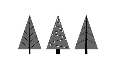 Vector Christmas trees of gray color from lines, fills, branches and garlands on a white background