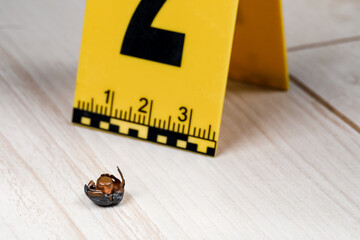 A shell casing or bullet at a crime scene with evidence markers.