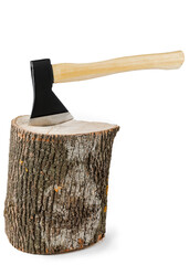 Firewood and an axe on a white isolated background. Renewable energy resource. Ecological concept