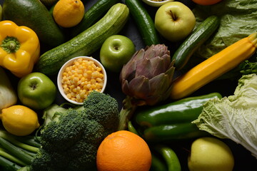 Assortment of fresh fruits and vegetables. Healthy food background. Shopping food in supermarket