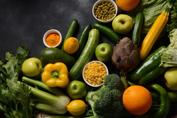 Assortment of fresh fruits and vegetables. Healthy food background. Shopping food in supermarket