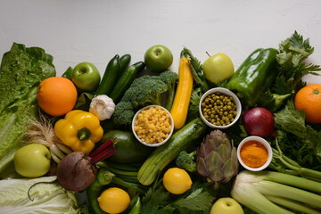 Assortment of fresh fruits and vegetables. Healthy food background. Shopping food in supermarket