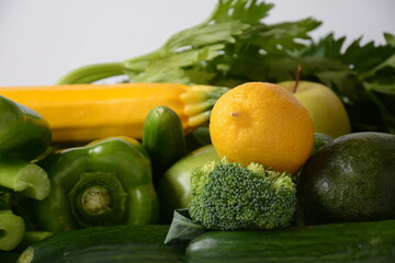 Assortment of fresh fruits and vegetables. Healthy food background. Shopping food in supermarket