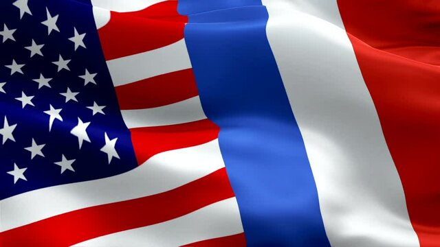 American and French flag waving video in wind footage Full HD. USA v MEX flag waving video download. USA France Flag Looping Closeup 1080p Full HD 1920X1080 footage. USA French countries flags Full HD