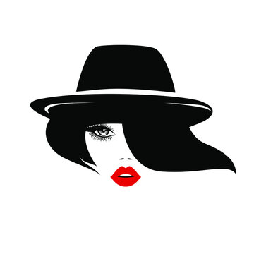 woman wearing black hat, red lips clip art preview