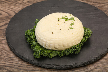 Caucasian suluguni round cheese piece