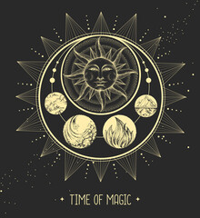 Modern magic witchcraft card with astrology sun and moon sign with human face. Day and nignt.