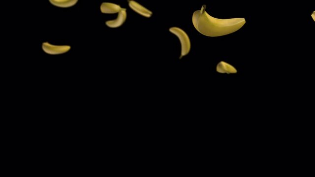 The fruit of the banana peel falling down, falling on top. 3D-animation. Selective focus. Blurred background. Isolate. Alpha channel. No background. 4K Whirling.