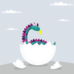 Сute dinosaur hatched from an egg. vector illustration.