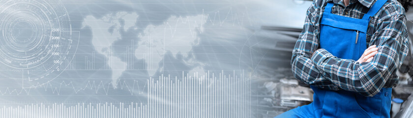 Portrait of car mechanic with arm crossed; panoramic banner