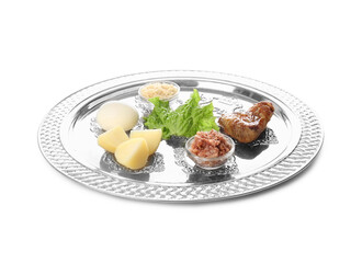 Passover Seder plate with traditional food on white background