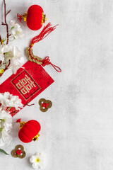 Chinese New Year decorations top view. Red lanterns and postcard with chatacter means double...