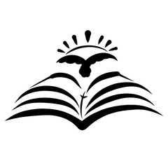 open bible with cross, flying bird with sun