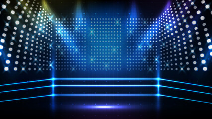 Abstract futuristic blue background of boxing ring stage with beautiful spotlight ray